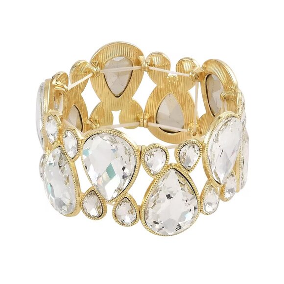 Stunning White Glass Stretch Bracelet in Goldtone - Picture 1 of 3